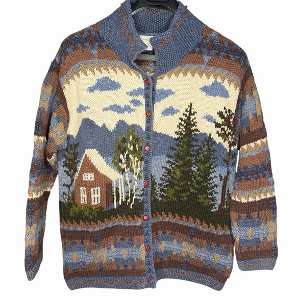 Northern Isles Cardigan Sweater Forest Cabin Tree Winter Knit L Cottagecore - Picture 2 of 13